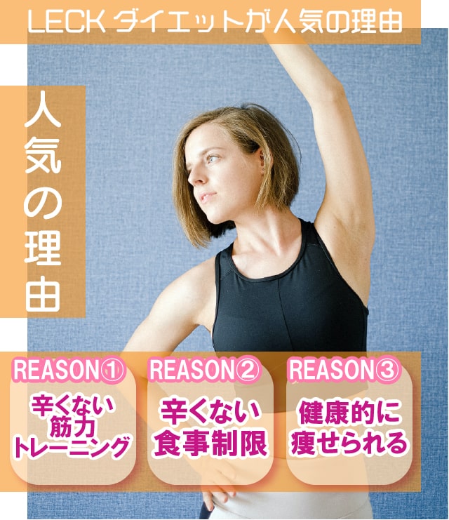 LECKダイエットが人気の理由。辛くない筋力トレーニング。辛くない食事制限。健康的に痩せられる。