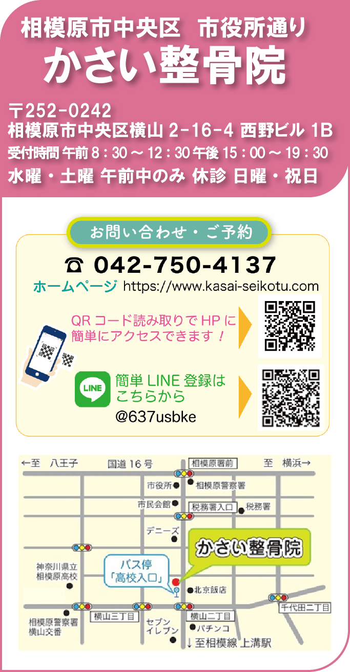 相模原市中央区　市役所通り　かさい整骨院。〒252-0242　相模原市中央区横山2-16-4　西野ビル　１B。